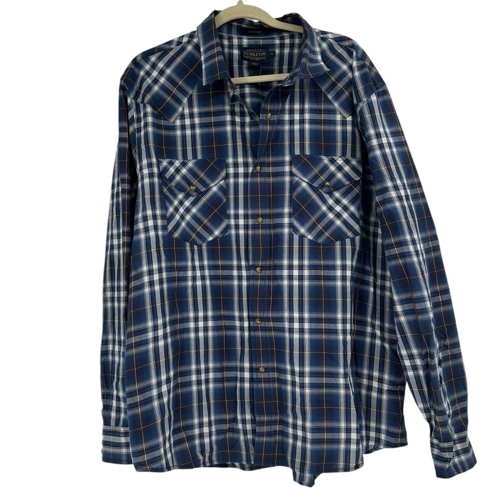 Pendleton Men’s Frontier Blue + White Plaid Pearl Snap Button Up Shirt Size XXL